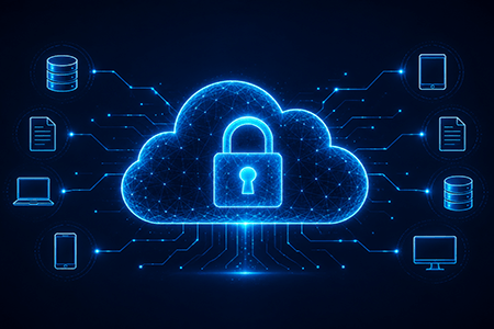 Sicurezza dei dati in cloud: nuvola con lucchetto e flussi di dati protetti