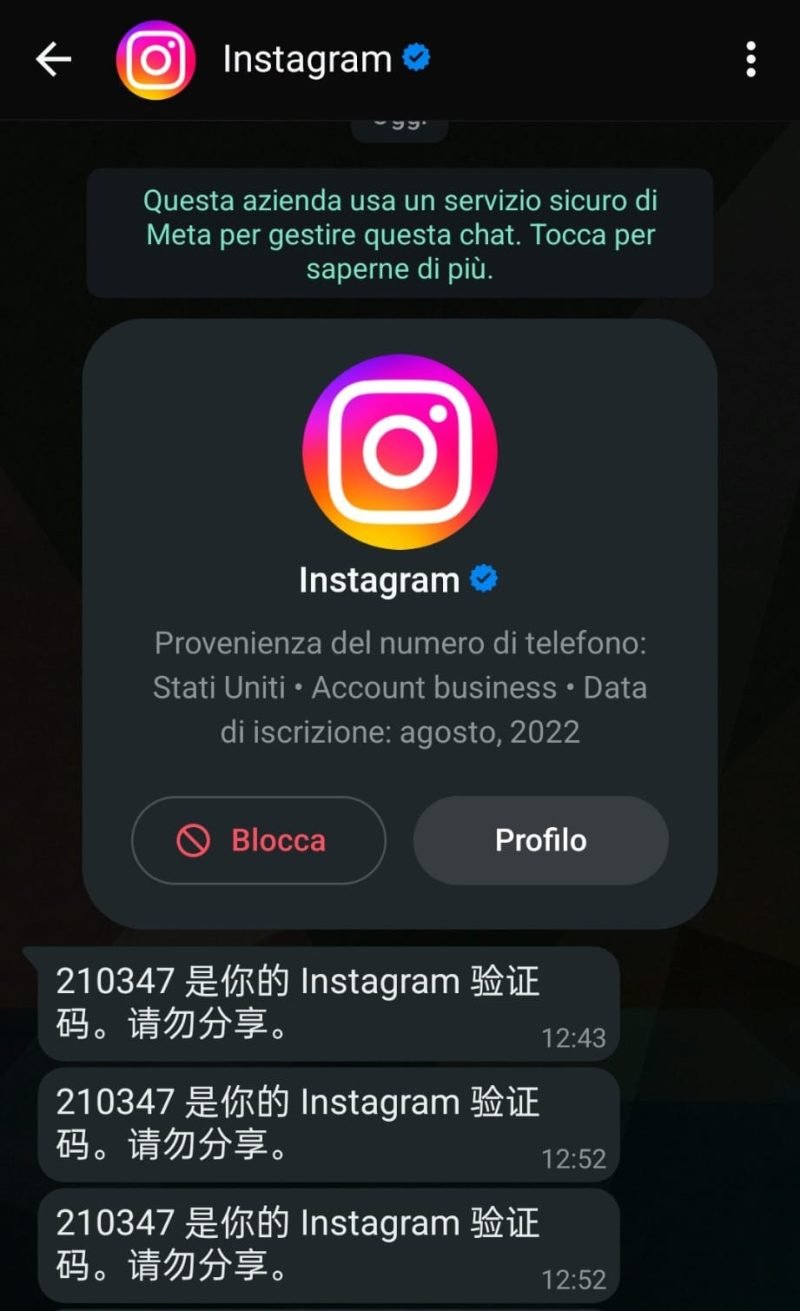 Messaggio WhatsApp di phishing che impersona il supporto di Instagram