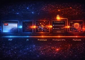 Infografica della catena di attacco CVE-2026-34621 in Adobe Acrobat Reader che mostra come un PDF malevolo sfrutta una vulnerabilità prototype pollution per accedere alle API e comunicare con il server C2