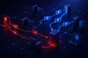 kerberoasting-attacco-active-directory-image Illustrazione che mostra l'attacco Kerberoasting in azione su Active Directory tramite TGS Kerberos e cracking offline degli hash