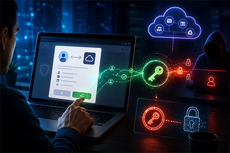 illustrazione di un utente vittima di ConsentFix, che consegna il token di accesso Microsoft ai criminali