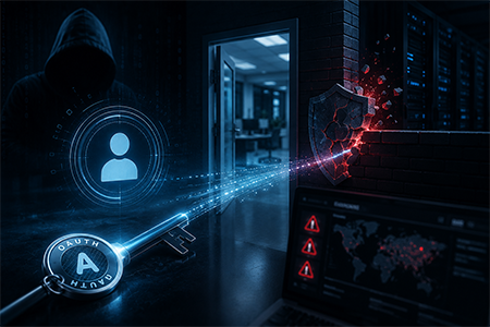 Illustrazione che mostra l'Identity-First Intrusion in azione, attraverso un token OAuth legittimo sfruttato da un criminale