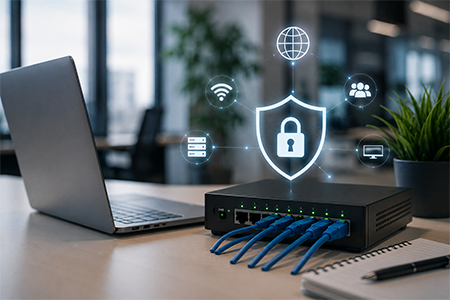 Switch di rete aziendale con cavi ethernet e icone di sicurezza informatica in un ufficio moderno