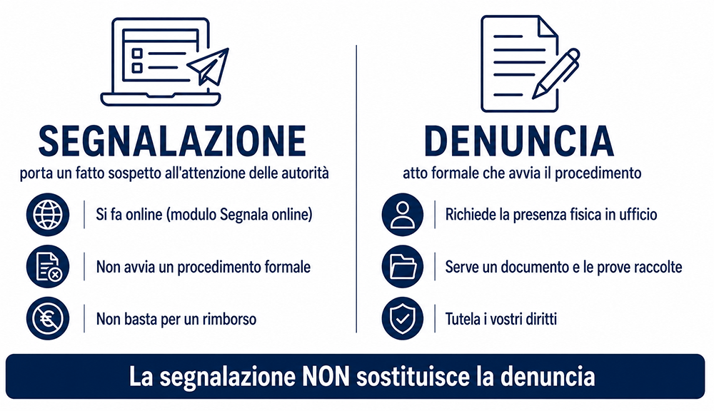 Differenza tra segnalazione e denuncia alla Polizia Postale: la segnalazione non sostituisce la denuncia