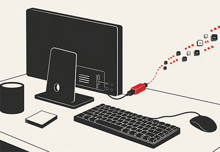 Keylogger hardware collegato tra la tastiera e il computer di una postazione di lavoro