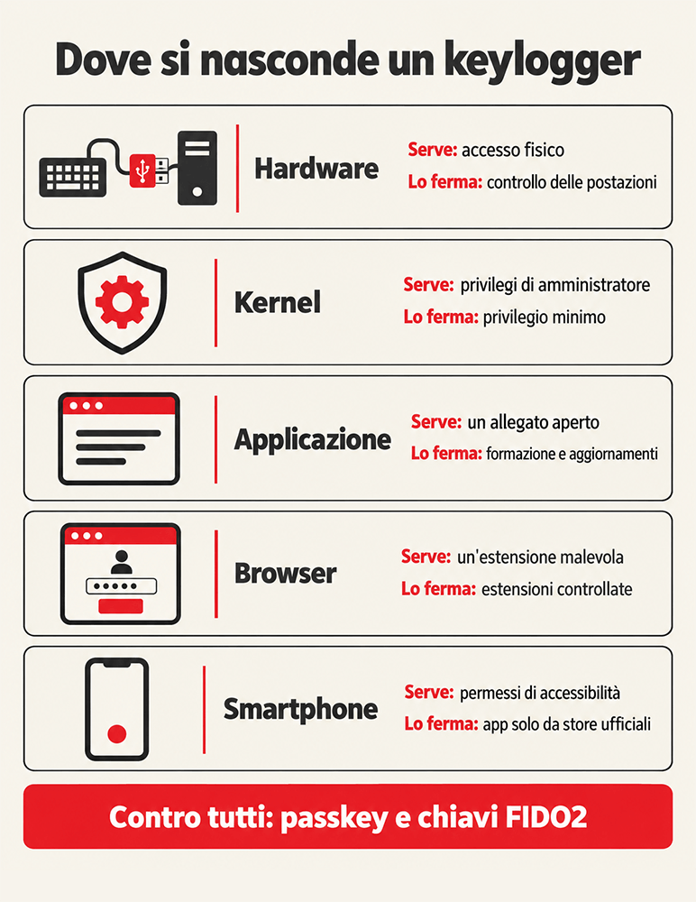 Le cinque famiglie di keylogger: hardware, kernel, applicazione, browser e smartphone, con cosa serve all'attaccante e cosa le ferma